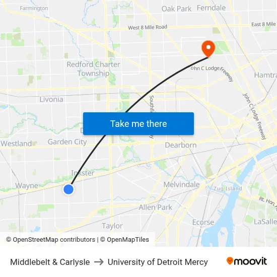 Middlebelt & Carlysle to University of Detroit Mercy map