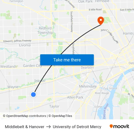 Middlebelt & Hanover to University of Detroit Mercy map