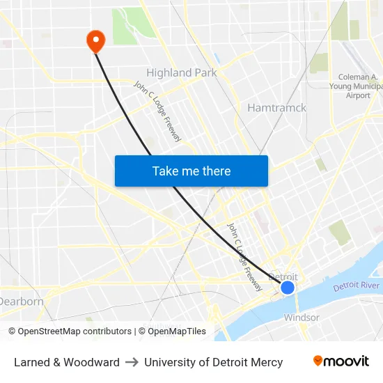 Larned & Woodward to University of Detroit Mercy map