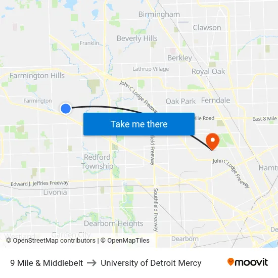 9 Mile & Middlebelt to University of Detroit Mercy map