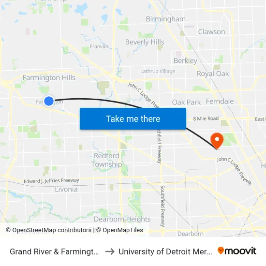 Grand River & Farmington to University of Detroit Mercy map