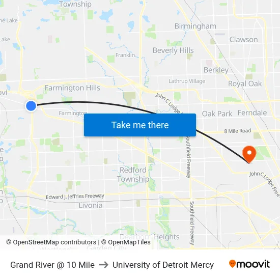 Grand River @ 10 Mile to University of Detroit Mercy map