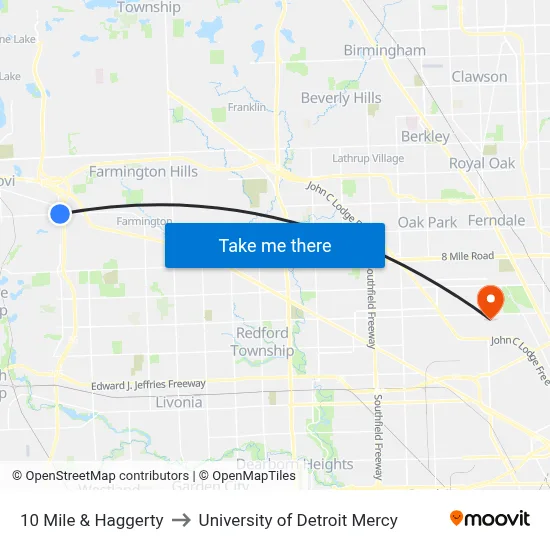 10 Mile & Haggerty to University of Detroit Mercy map