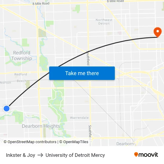 Inkster & Joy to University of Detroit Mercy map