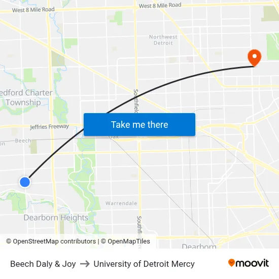 Beech Daly & Joy to University of Detroit Mercy map