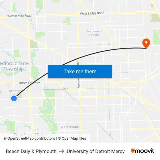 Beech Daly & Plymouth to University of Detroit Mercy map
