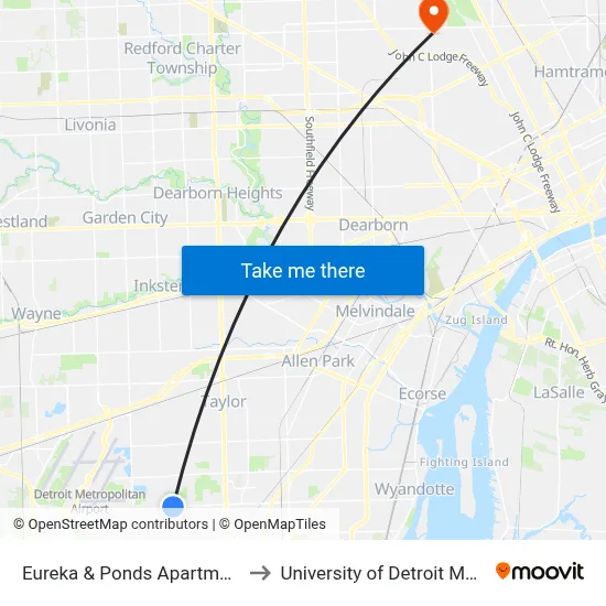 Eureka & Ponds Apartments to University of Detroit Mercy map