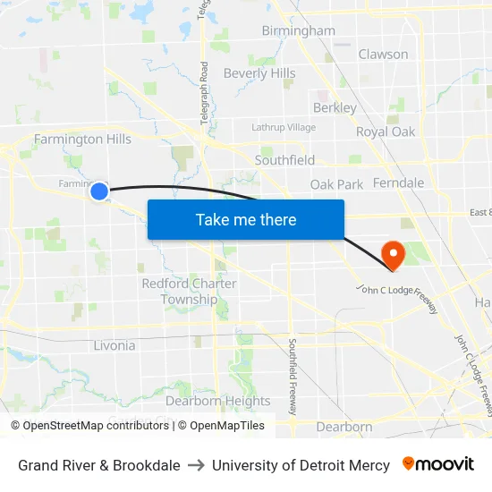 Grand River & Brookdale to University of Detroit Mercy map