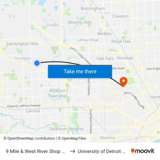 9 Mile & West River Shop Center to University of Detroit Mercy map