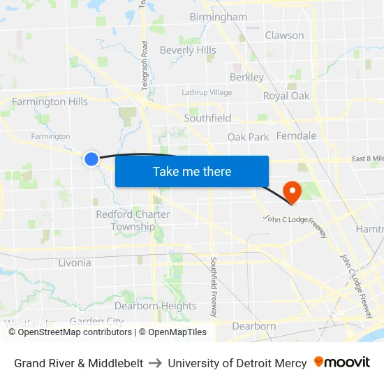 Grand River & Middlebelt to University of Detroit Mercy map