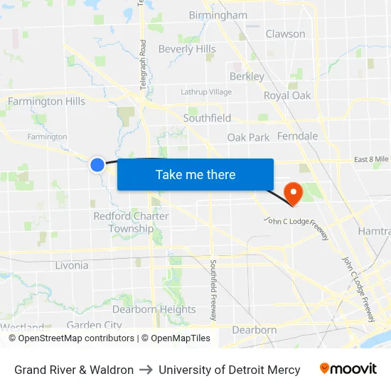 Grand River & Waldron to University of Detroit Mercy map