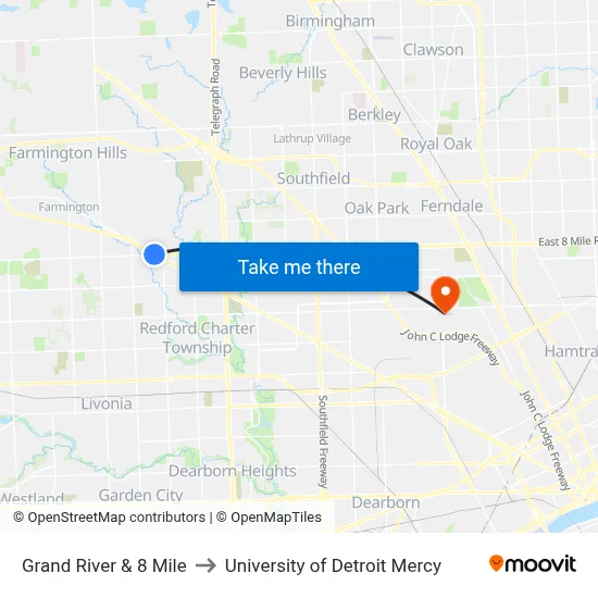 Grand River & 8 Mile to University of Detroit Mercy map