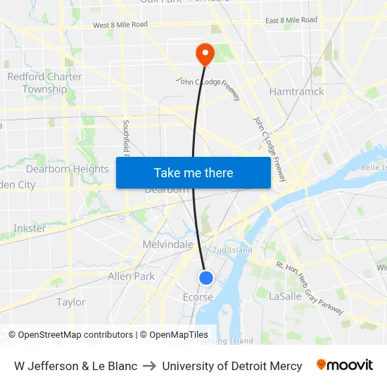 W Jefferson & Le Blanc to University of Detroit Mercy map