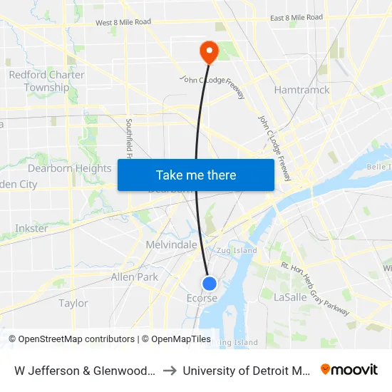 W Jefferson & Glenwood SW to University of Detroit Mercy map
