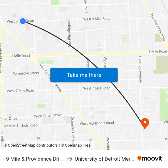 9 Mile & Providence Drive to University of Detroit Mercy map