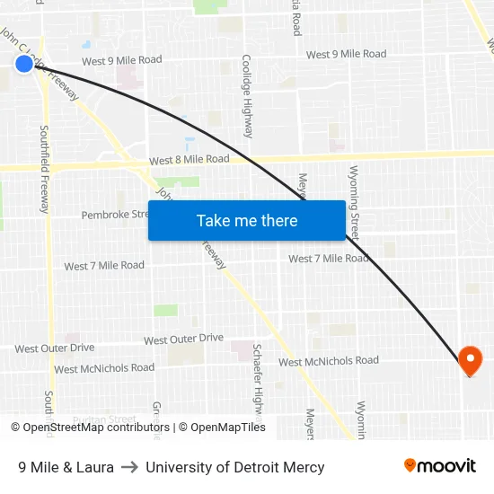 9 Mile & Laura to University of Detroit Mercy map