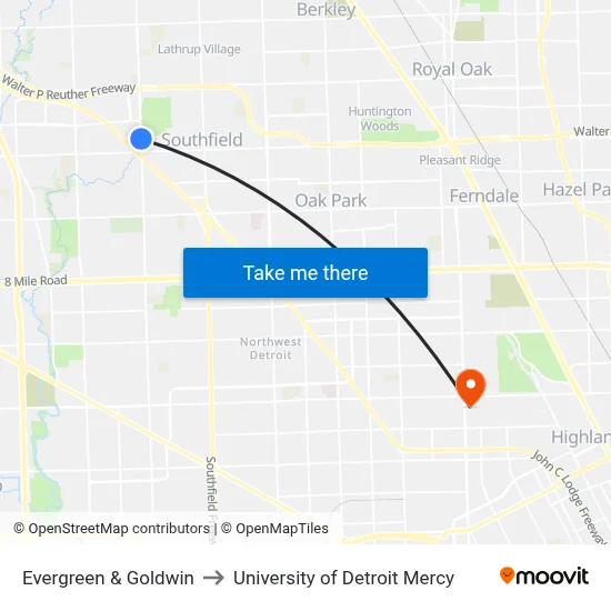 Evergreen & Goldwin to University of Detroit Mercy map