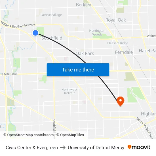 Civic Center & Evergreen to University of Detroit Mercy map