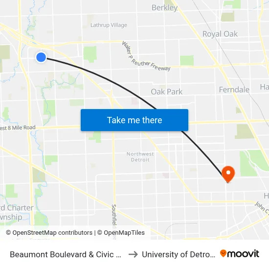 Beaumont Boulevard & Civic Center Drive to University of Detroit Mercy map