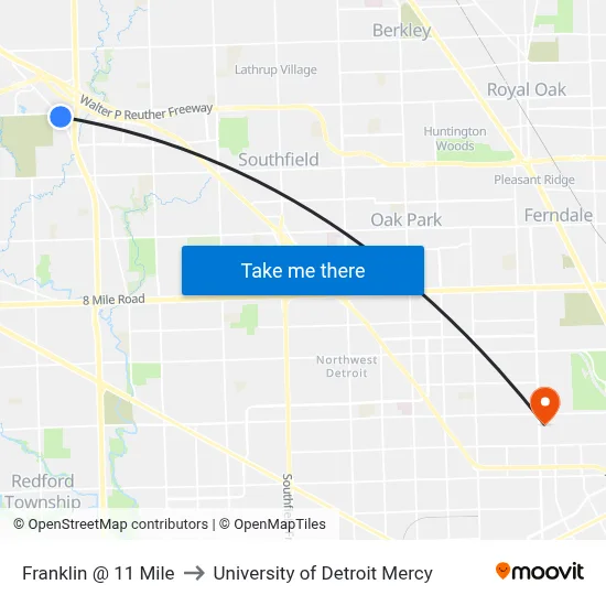 Franklin @ 11 Mile to University of Detroit Mercy map