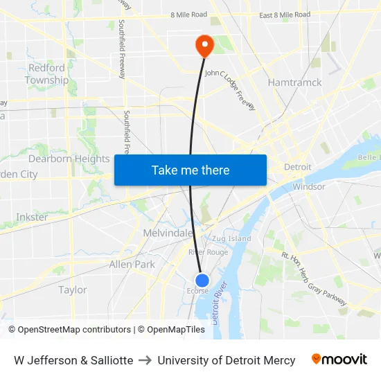 W Jefferson & Salliotte to University of Detroit Mercy map