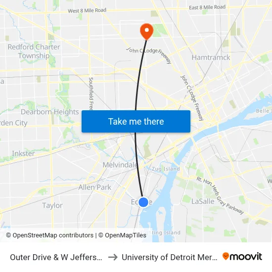 Outer Drive & W Jefferson to University of Detroit Mercy map