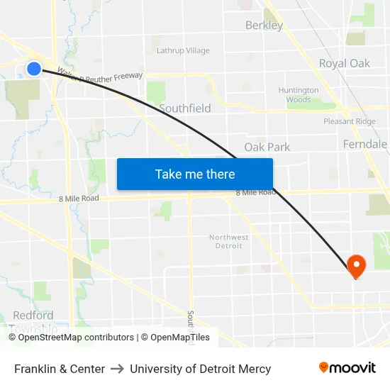 Franklin & Center to University of Detroit Mercy map