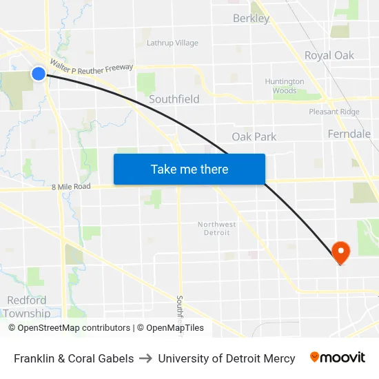 Franklin & Coral Gabels to University of Detroit Mercy map