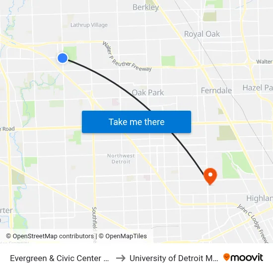 Evergreen & Civic Center Drive to University of Detroit Mercy map