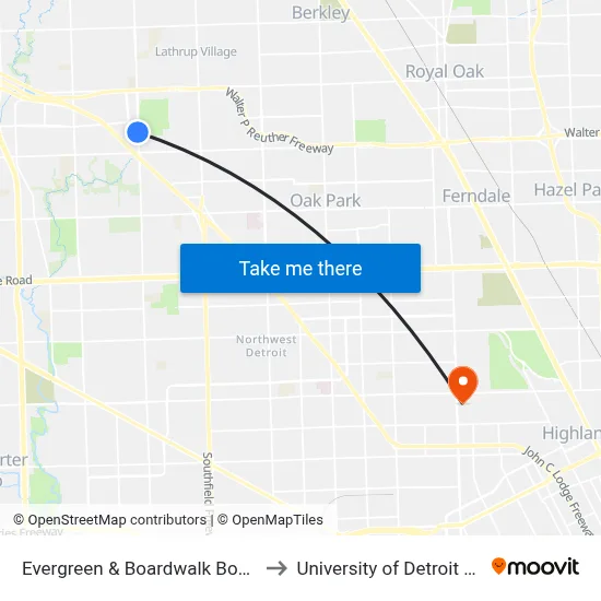 Evergreen & Boardwalk Boulevard to University of Detroit Mercy map