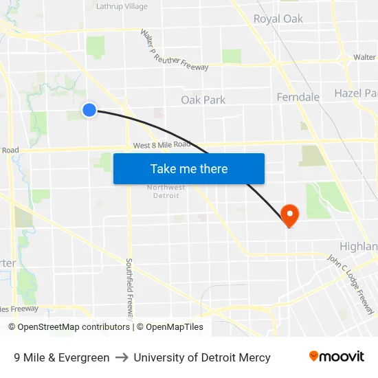 9 Mile & Evergreen to University of Detroit Mercy map