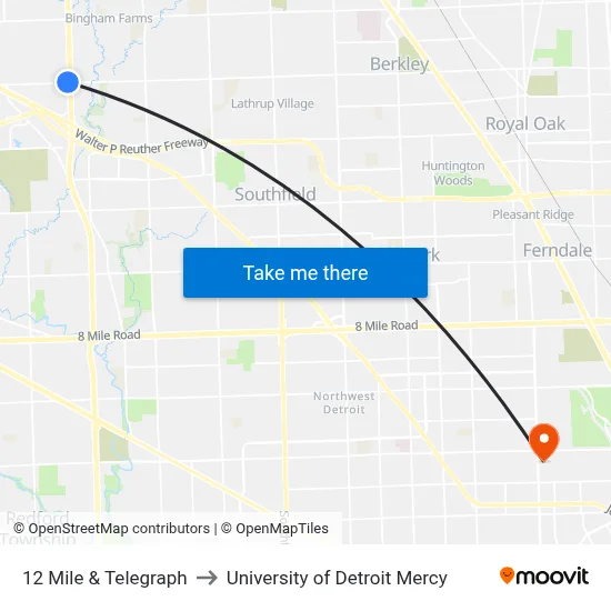 12 Mile & Telegraph to University of Detroit Mercy map