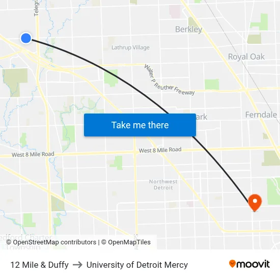 12 Mile & Duffy to University of Detroit Mercy map