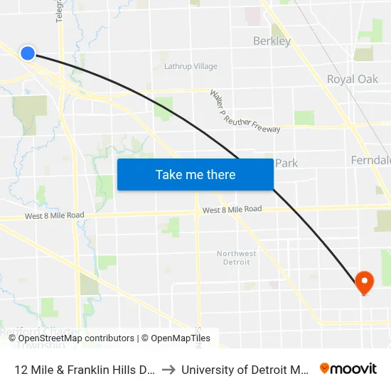 12 Mile & Franklin Hills Drive to University of Detroit Mercy map