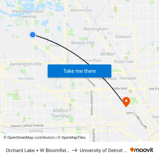 Orchard Lake & W Bloomfield Plaza to University of Detroit Mercy map