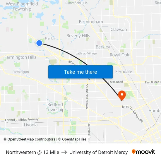 Northwestern @ 13 Mile to University of Detroit Mercy map