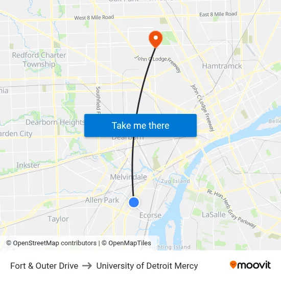 Fort & Outer Drive to University of Detroit Mercy map