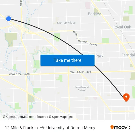 12 Mile & Franklin to University of Detroit Mercy map