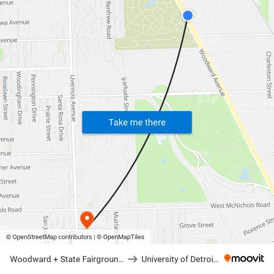Woodward + State Fairgrounds Pickup to University of Detroit Mercy map