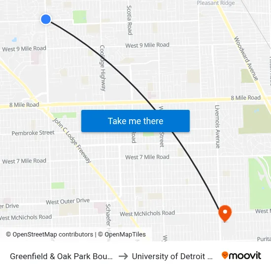 Greenfield & Oak Park Boulevard to University of Detroit Mercy map