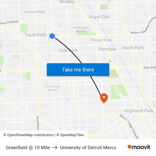 Greenfield @ 10 Mile to University of Detroit Mercy map