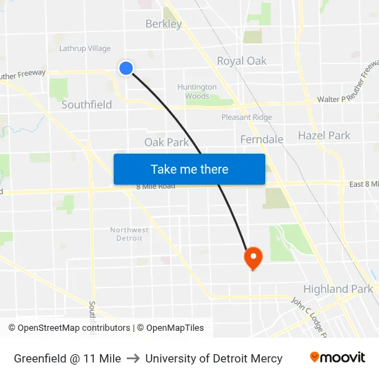 Greenfield @ 11 Mile to University of Detroit Mercy map