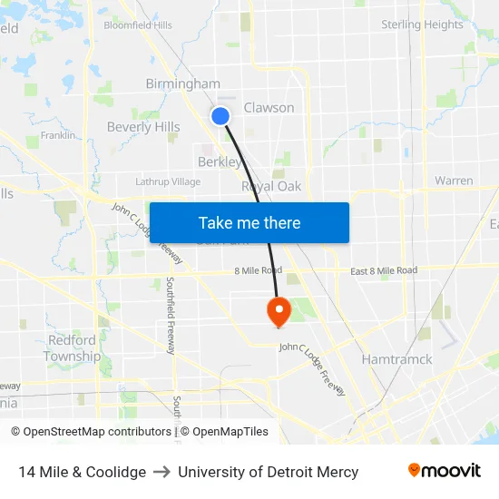 14 Mile & Coolidge to University of Detroit Mercy map