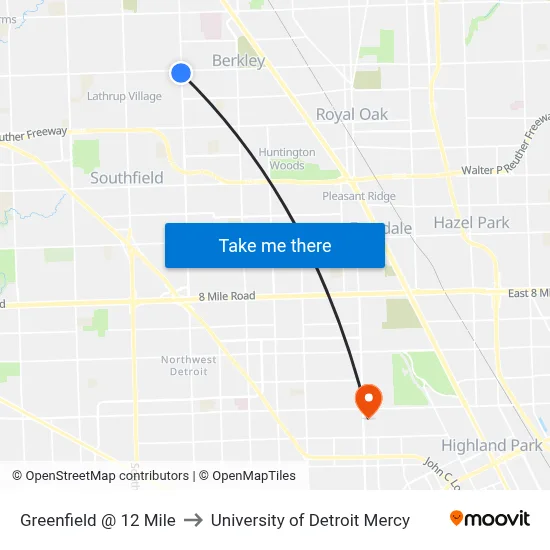Greenfield @ 12 Mile to University of Detroit Mercy map
