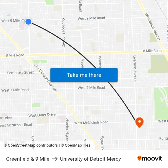 Greenfield & 9 Mile to University of Detroit Mercy map