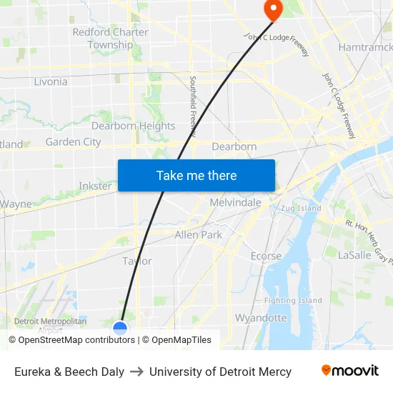 Eureka & Beech Daly to University of Detroit Mercy map