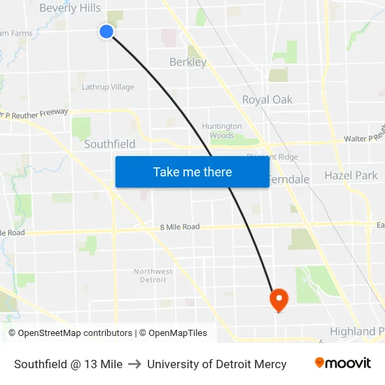 Southfield @ 13 Mile to University of Detroit Mercy map