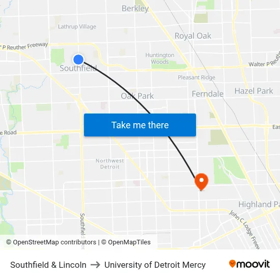 Southfield & Lincoln to University of Detroit Mercy map