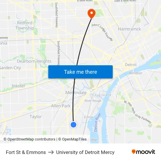 Fort St & Emmons to University of Detroit Mercy map
