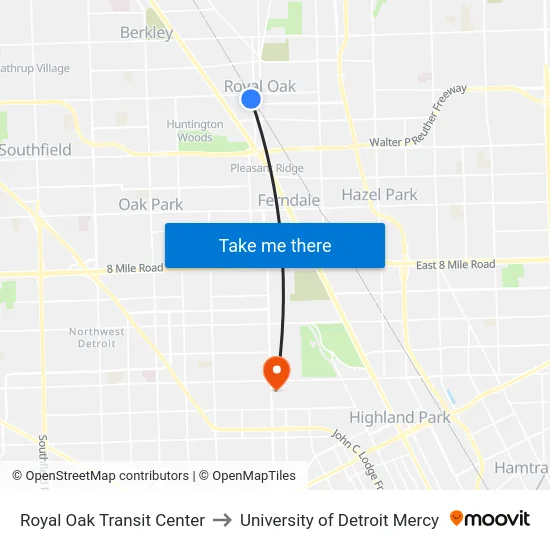 Royal Oak Tc to University of Detroit Mercy map